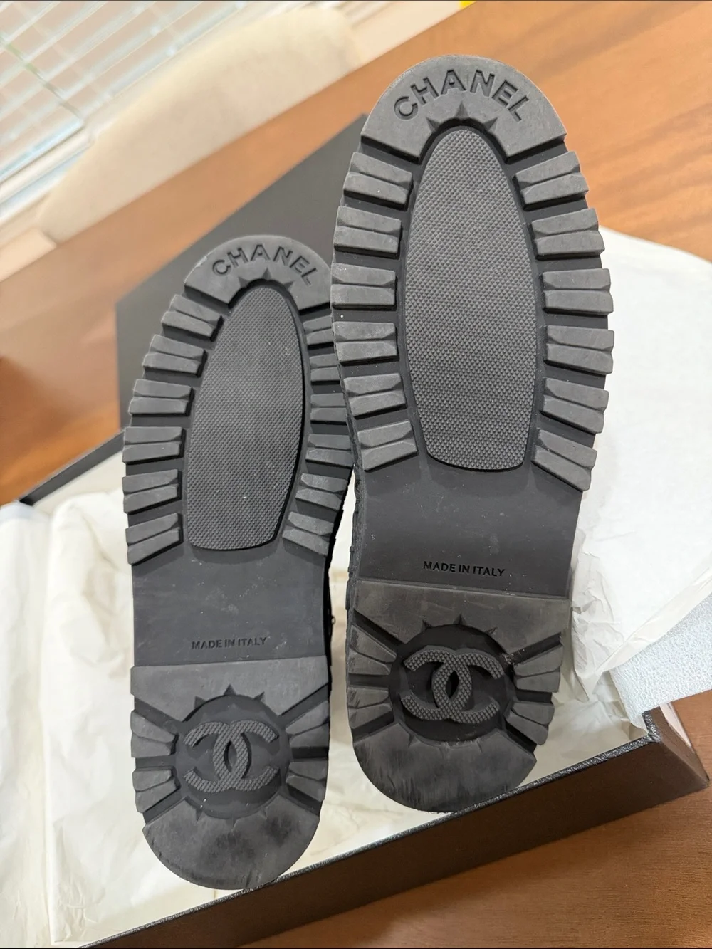 CHANEL Black Leather Platform Chelsea Booties with CC Toe Motif - Picture 10 of 12